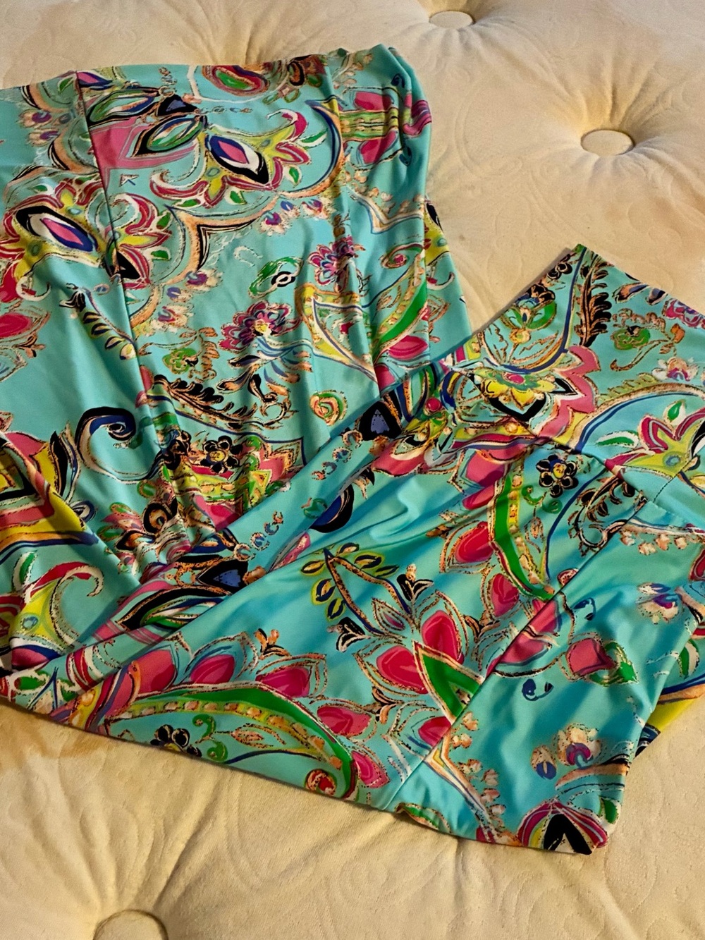 TRUE LIGHT Turquoise Wide Leg Pants with Pink, Green & Yellow Paisley Print